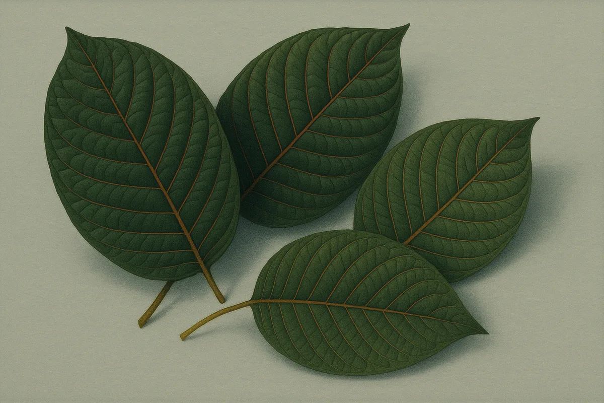 Red-vein kratom leaves in soft evening light