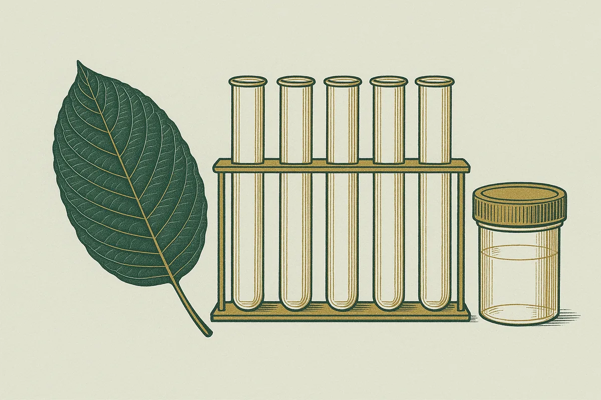 Kratom leaf beside a lab drug-test panel