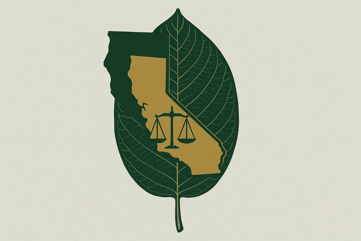 California state outline over a Mitragyna speciosa leaf with a legal scale motif