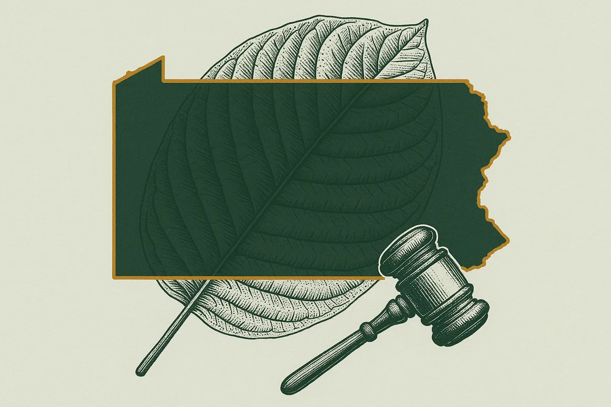Pennsylvania state outline over a Mitragyna speciosa leaf with a legislative gavel motif