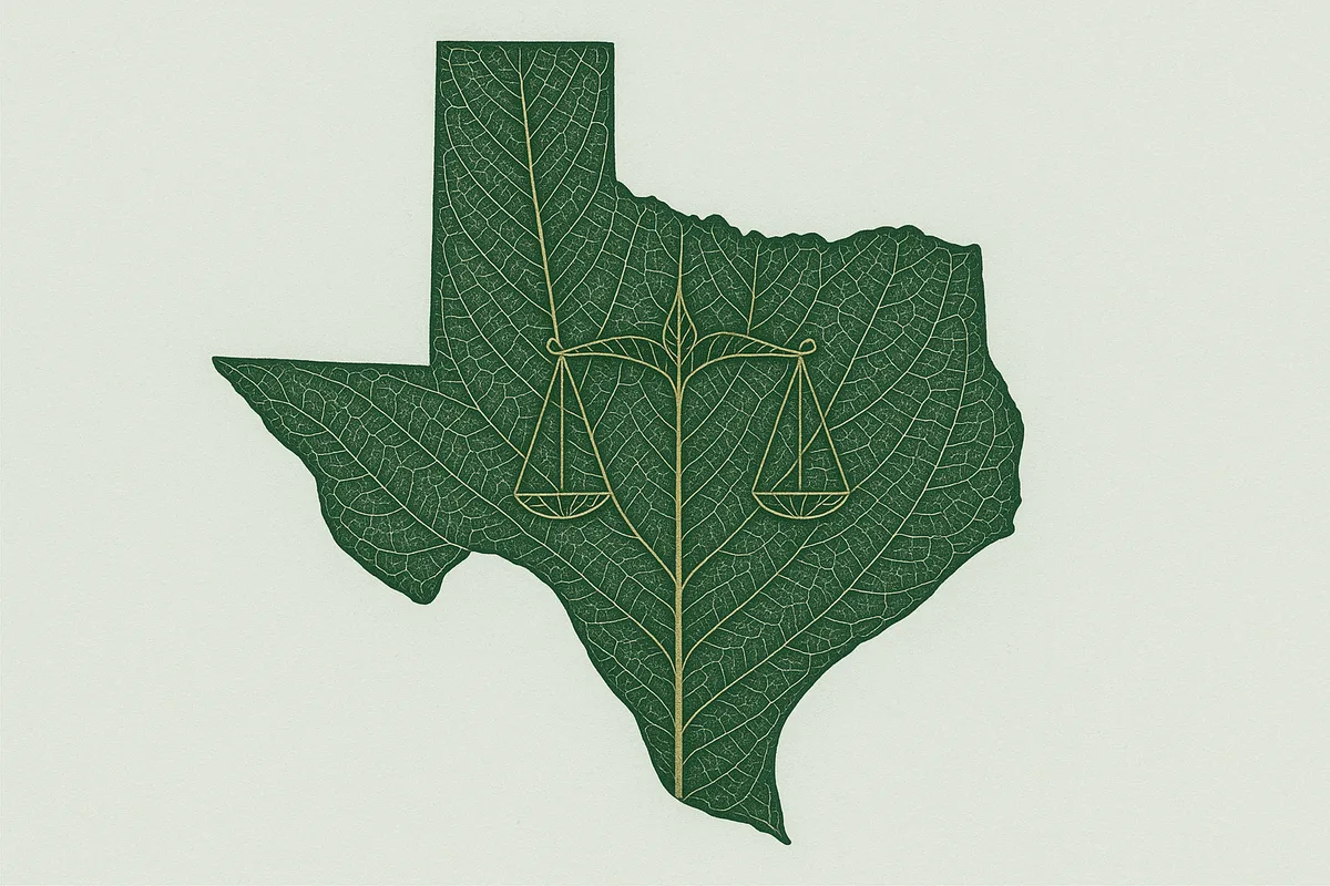 Texas state outline over a Mitragyna speciosa leaf with a legal scale motif