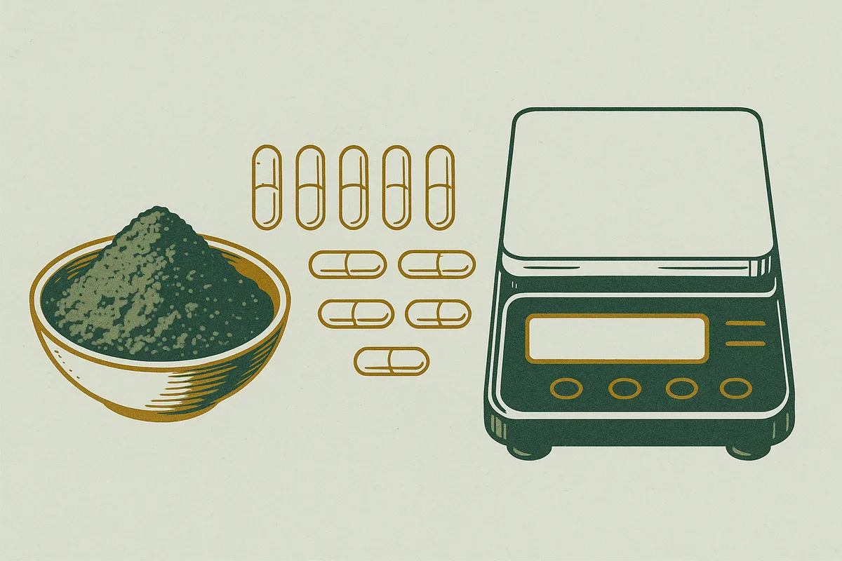 Kratom leaf powder beside two-piece vegetable capsules on a laboratory bench