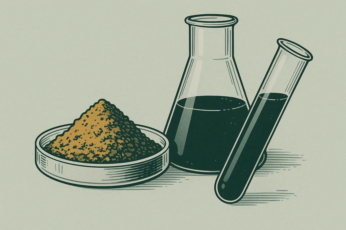Kratom leaf powder beside a concentrated liquid extract in laboratory glassware