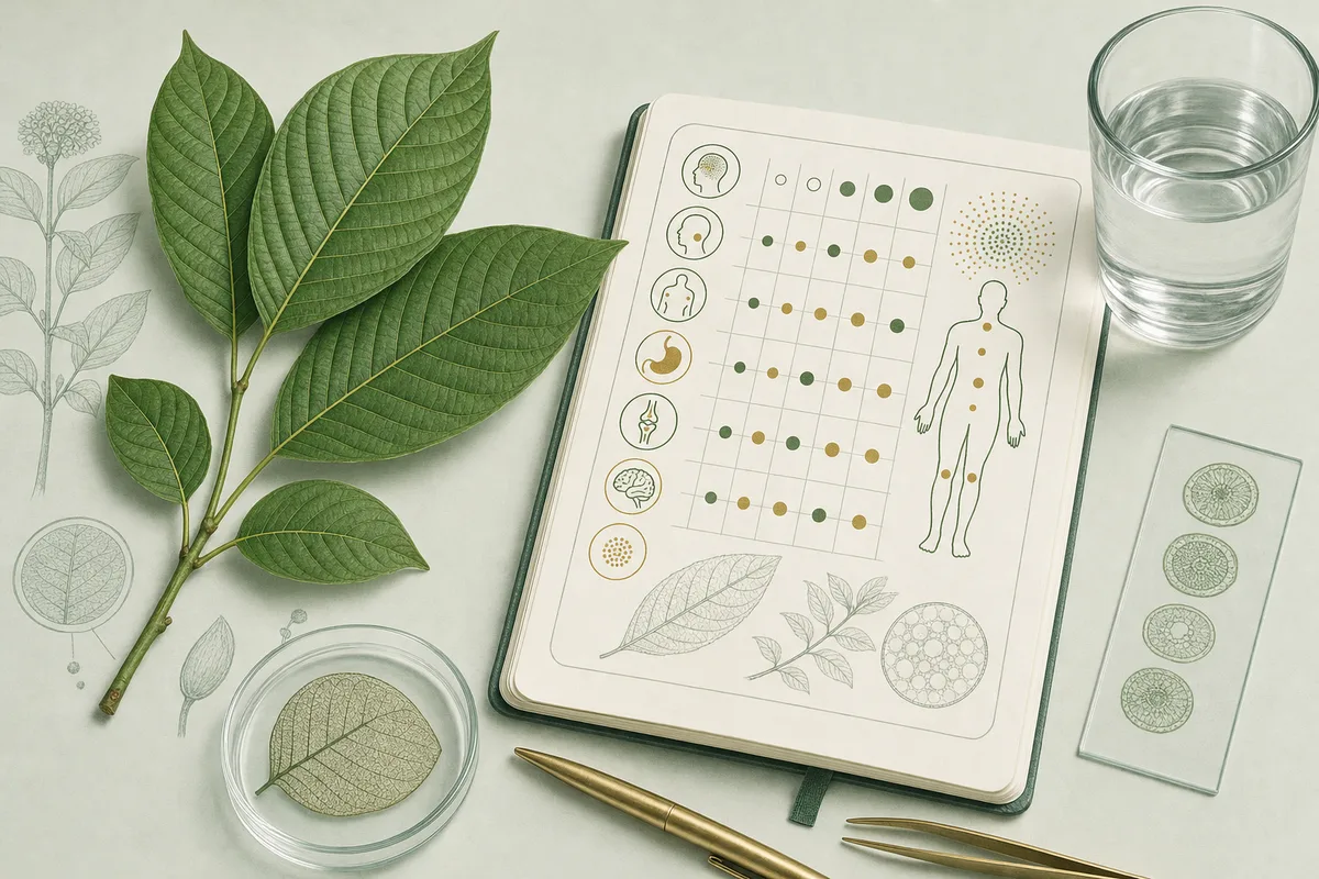 Kratom leaves beside a lab notebook and a simple symptom chart