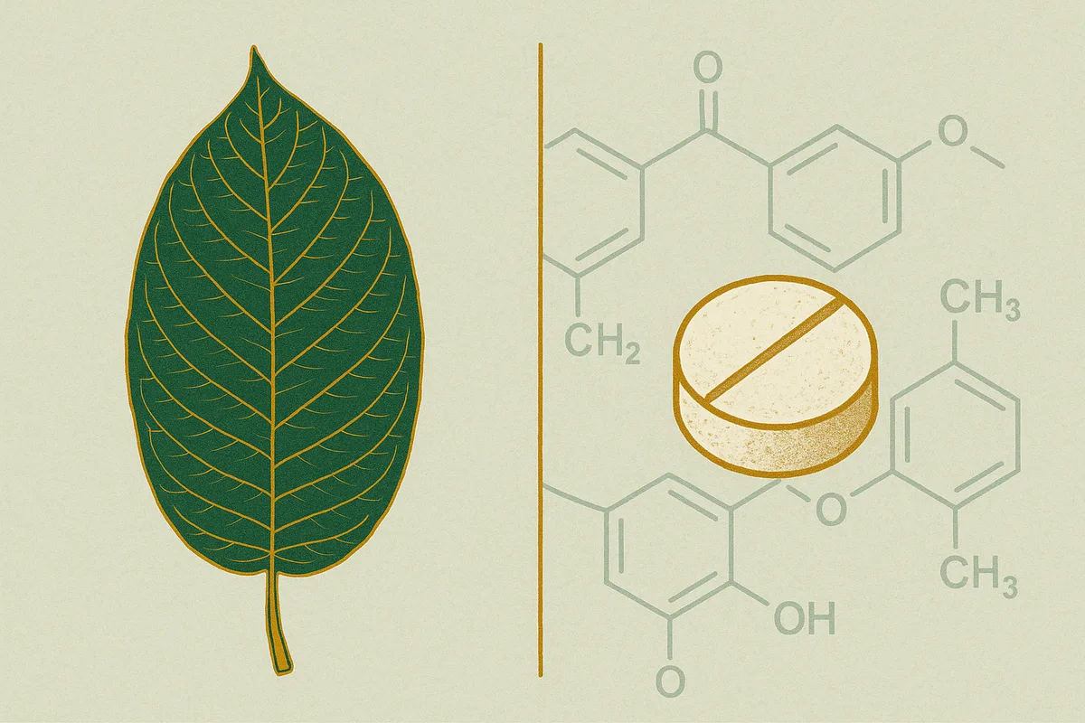 Kratom leaf beside a concentrated 7-hydroxymitragynine tablet