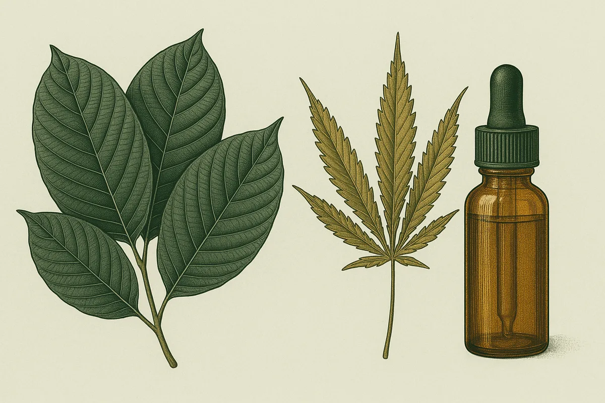 Kratom leaves beside a hemp leaf and a CBD oil dropper