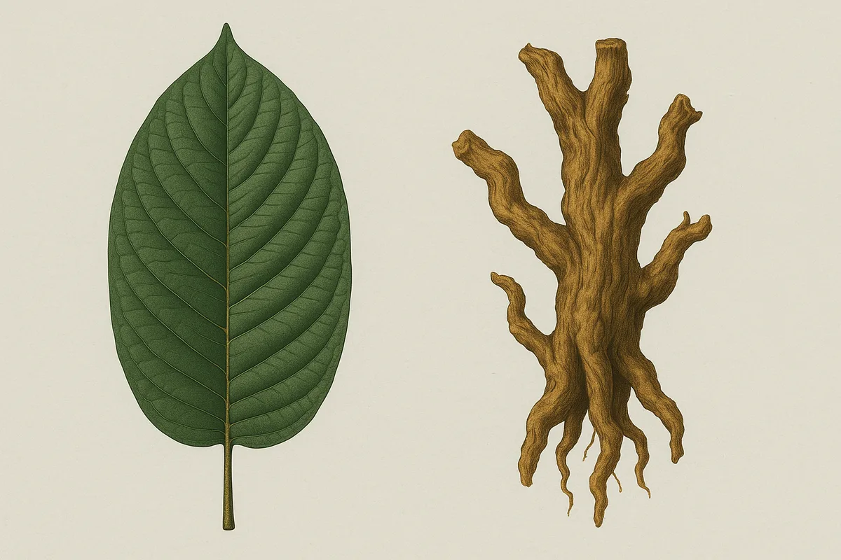 Kratom leaf and kava root side by side