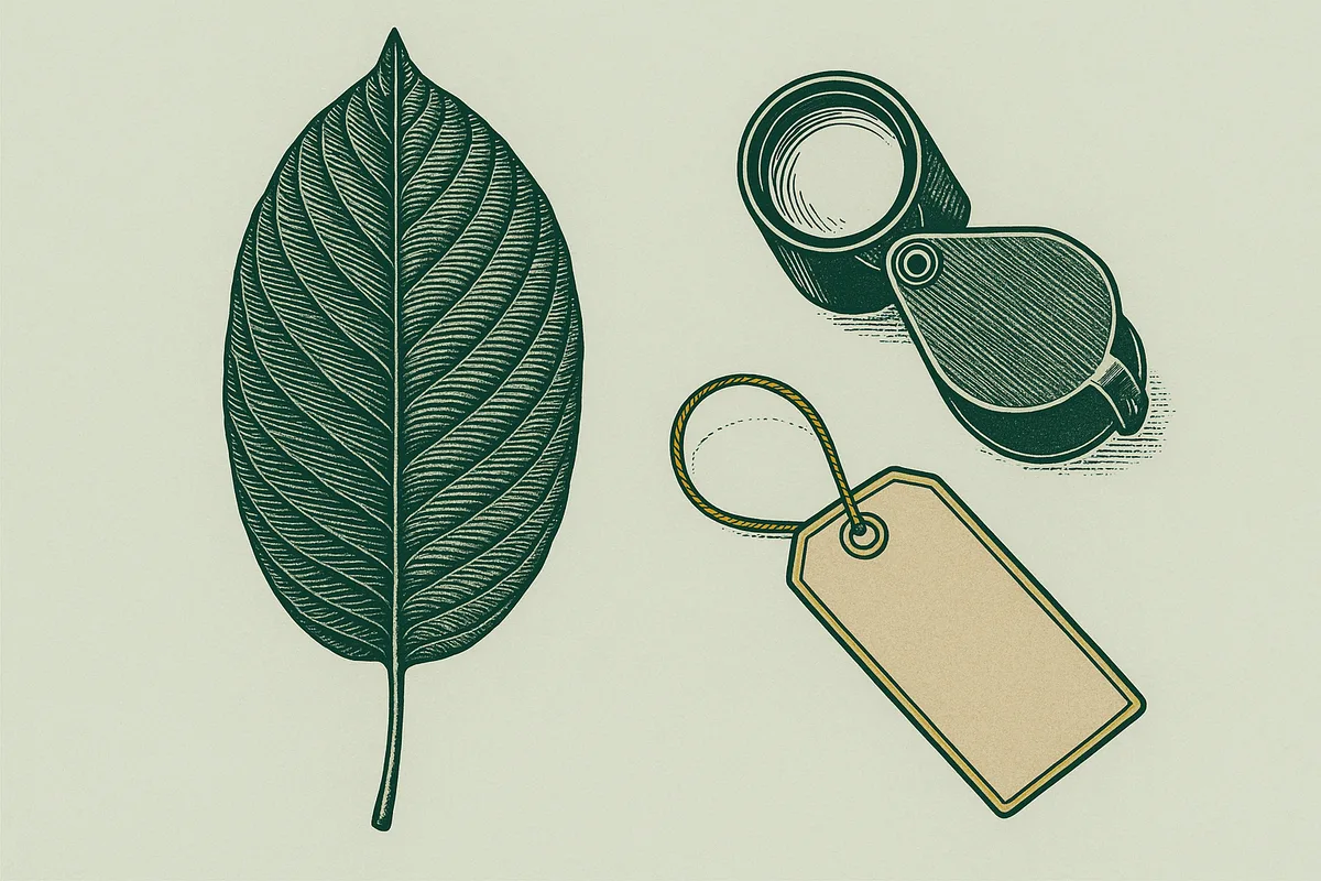 Kratom leaves arranged beside a grading loupe and lab notes on pale laboratory paper